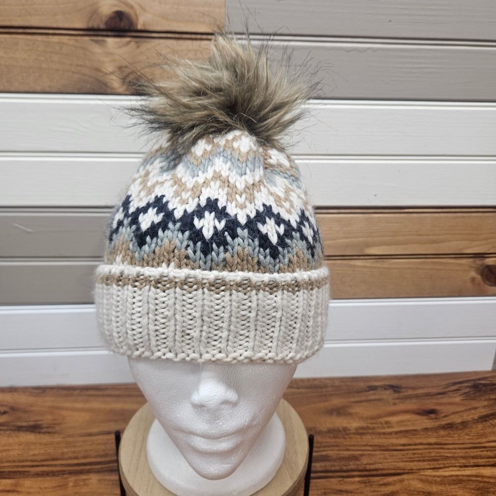 Abercrombie & Fitch Fair Isle Knit Beanie Faux Fur Pom Pom Hat Multi Color